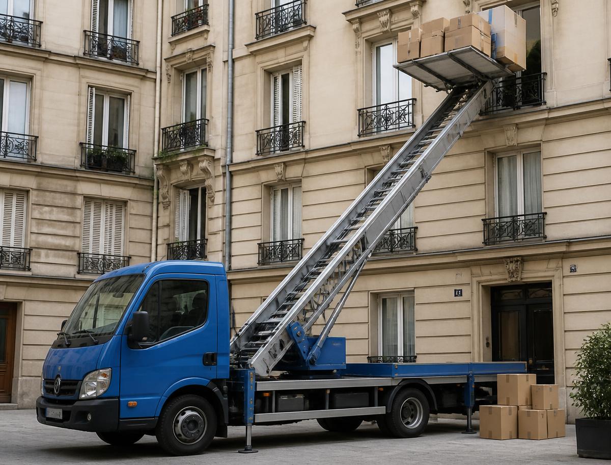 Camion monte-meubles levant des cartons vers une fenêtre d'immeuble